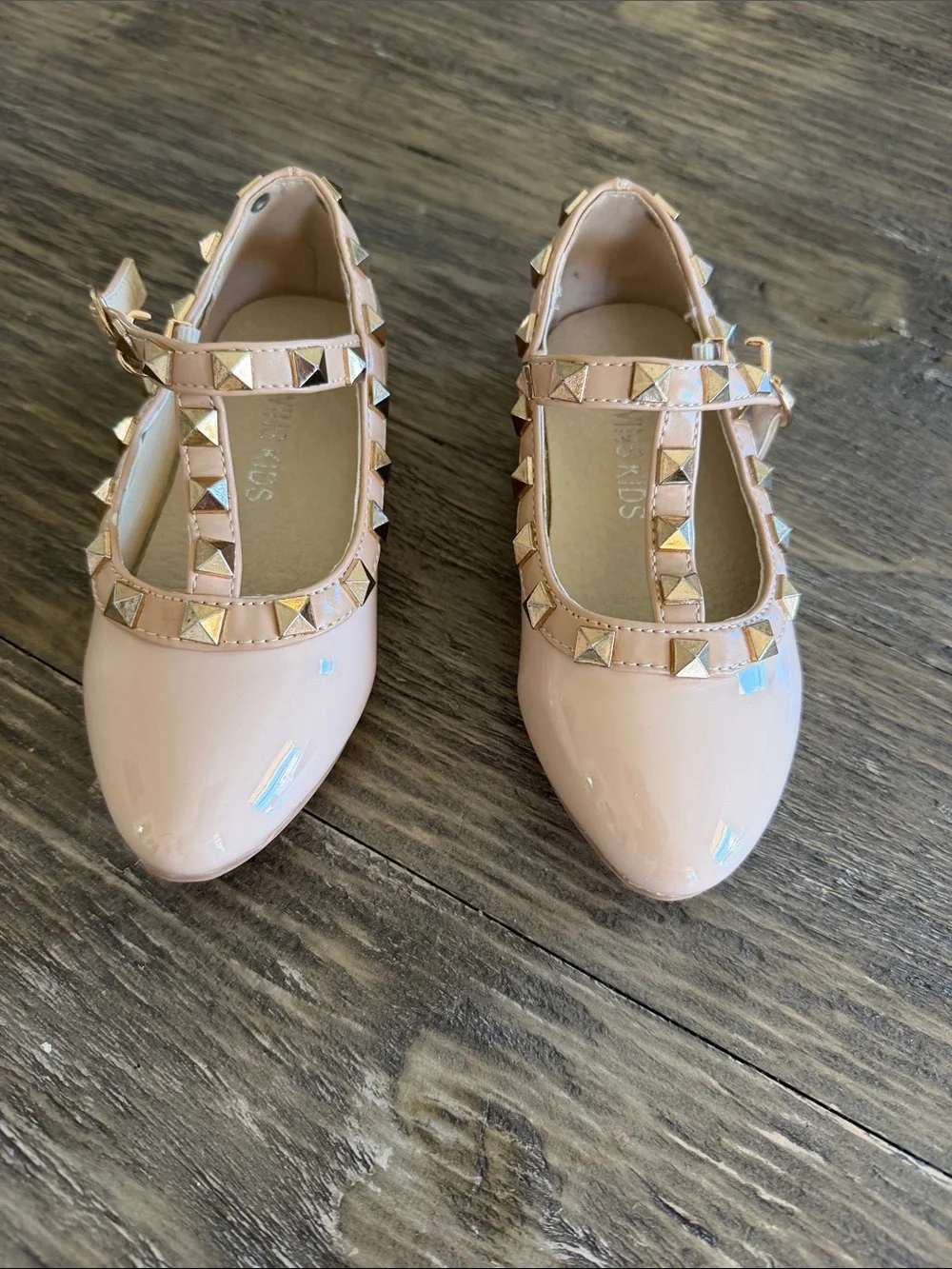 Girls' Patent Pink Studded T-Strap Dress Shoes